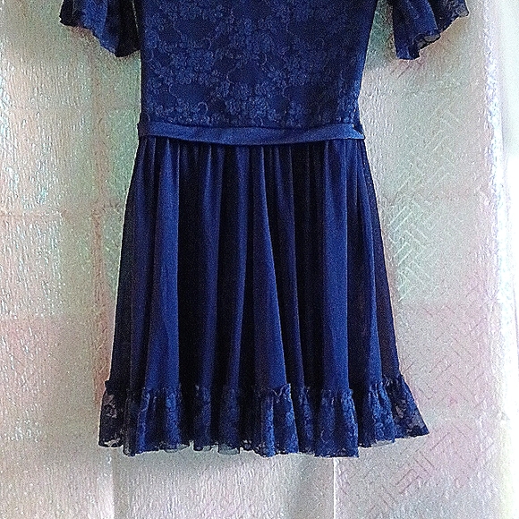LACED ROYAL BLUE FRILLY AND FLIRTY SOPHISTICATED HALF SLEEVED DRESS - Picture 4 of 10